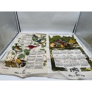 Lot Of 2 VINTAGE LINEN 1982/83 KITCHEN CALENDAR Tea TOWEL BIRDS Old Farm House